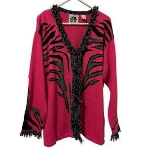 Vintage HSN 1990's Storybook Knits 2X Sweater Cardigan Zebra Pink Artsy Animal